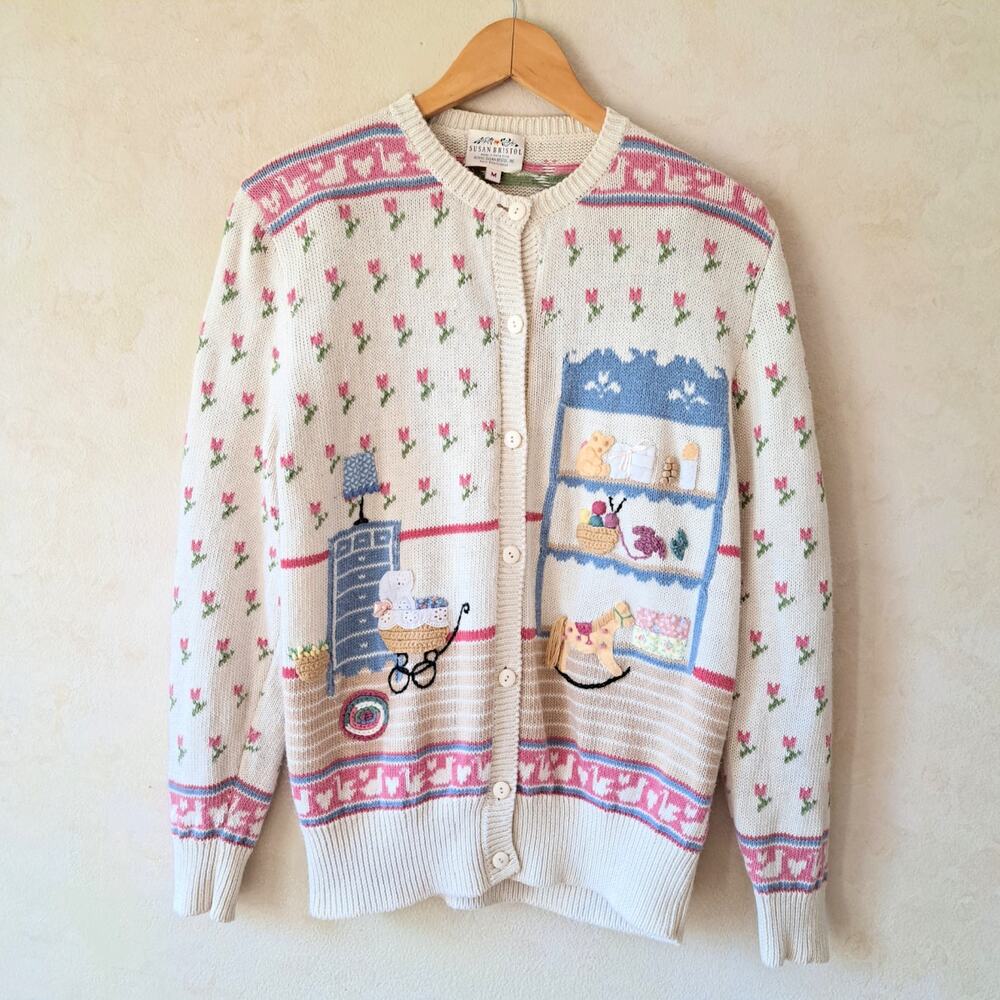 Vintage 90s Susan Bristol Hand Embroidered Nursery Baby Cardigan Sweater Medium